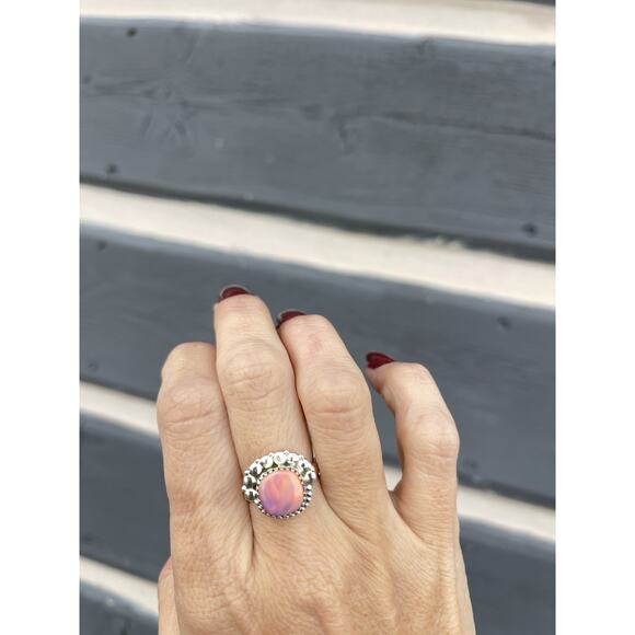 Pink Aurora Opal Ring 925 Sterling Silver Ring Color Flash Size 7.25 - Picture 4 of 9